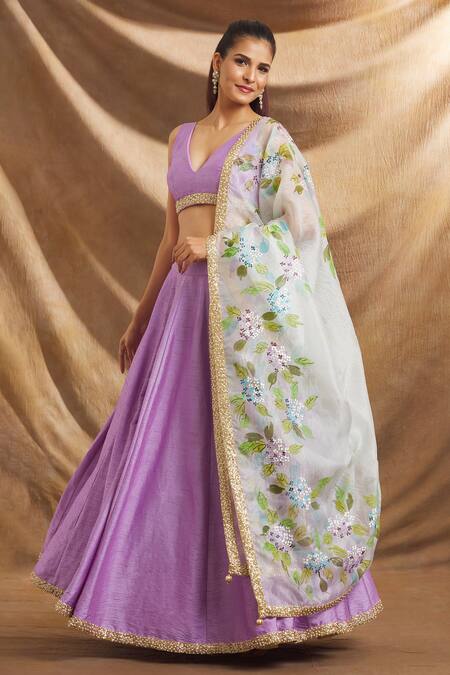 Shop_Priti Sahni_Purple Silk, Organza Sequins, Embroidery, Pearls V-neck Hand Blouse Lehenga Set _Online_at_Aza_Fashions