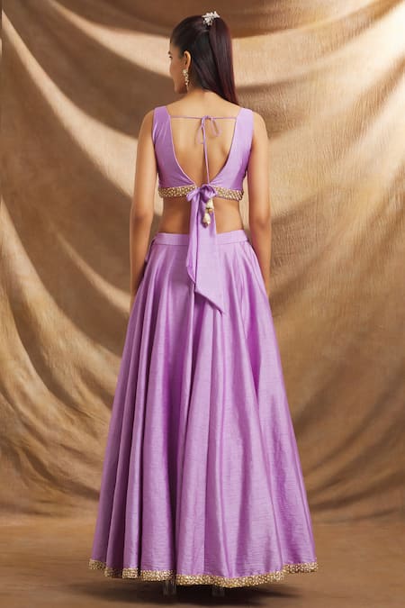 Priti Sahni_Purple Silk, Organza Sequins, Embroidery, Pearls V-neck Hand Blouse Lehenga Set _Online_at_Aza_Fashions