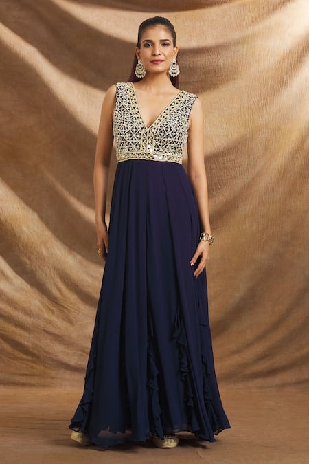 Buy_Priti Sahni_Blue Net, Georgette Mirrors, Pearls V-neck Yoke Embroidered Gown _Online_at_Aza_Fashions