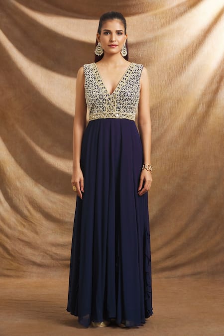Shop_Priti Sahni_Blue Net, Georgette Mirrors, Pearls V-neck Yoke Embroidered Gown _Online_at_Aza_Fashions