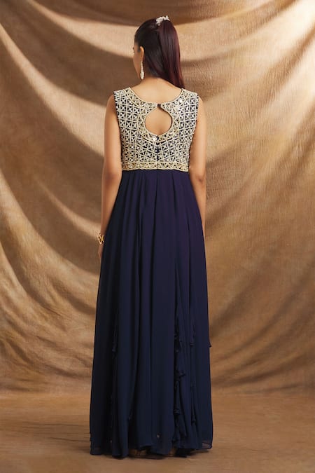 Priti Sahni_Blue Net, Georgette Mirrors, Pearls V-neck Yoke Embroidered Gown _Online_at_Aza_Fashions