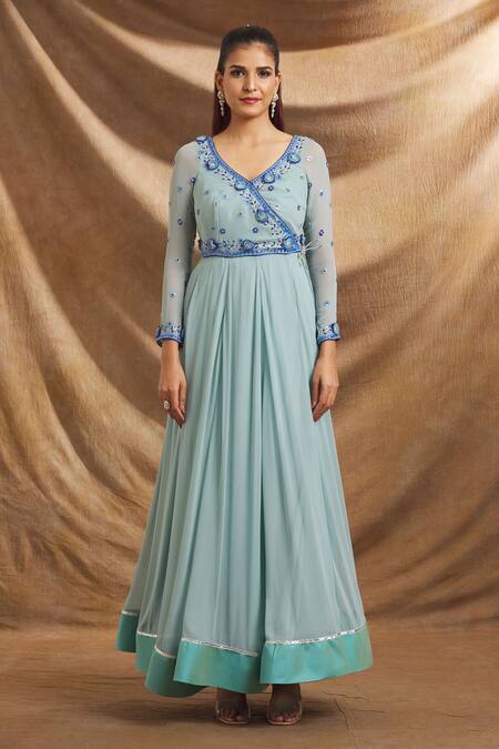 Buy Priti Sahni Blue Georgette, Net Sequins, Embroidery V-neck Anarkali Churidar Set Online at Aza Fashions Buy_Priti Sahni_Blue Georgette, Net Sequins, Embroidery V-neck Anarkali Churidar Set _Online_at_Aza_Fashions