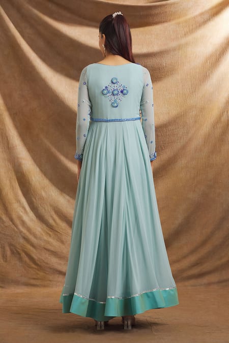 Priti Sahni Blue Georgette, Net Sequins, Embroidery V-neck Anarkali Churidar Set Online at Aza Fashions Priti Sahni_Blue Georgette, Net Sequins, Embroidery V-neck Anarkali Churidar Set _Online_at_Aza_Fashions