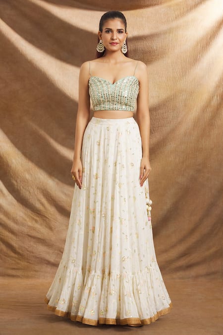 Buy_Priti Sahni_Ivory Georgette, Silk, Tulle Mirrors, Hand Embroidered Blouse Lehenga Set _Online_at_Aza_Fashions