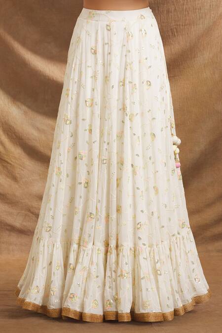 Shop_Priti Sahni_Ivory Georgette, Silk, Tulle Mirrors, Hand Embroidered Blouse Lehenga Set _Online_at_Aza_Fashions