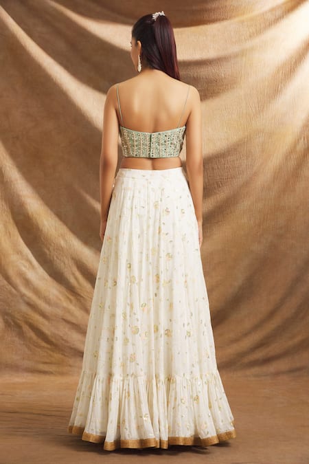 Priti Sahni_Ivory Georgette, Silk, Tulle Mirrors, Hand Embroidered Blouse Lehenga Set _Online_at_Aza_Fashions