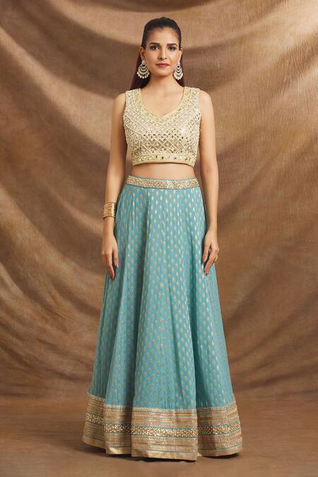 Buy_Priti Sahni_Blue Georgette, Net Zari, Mirrors, Pearls, Embroidery Blouse Lehenga Set _Online_at_Aza_Fashions