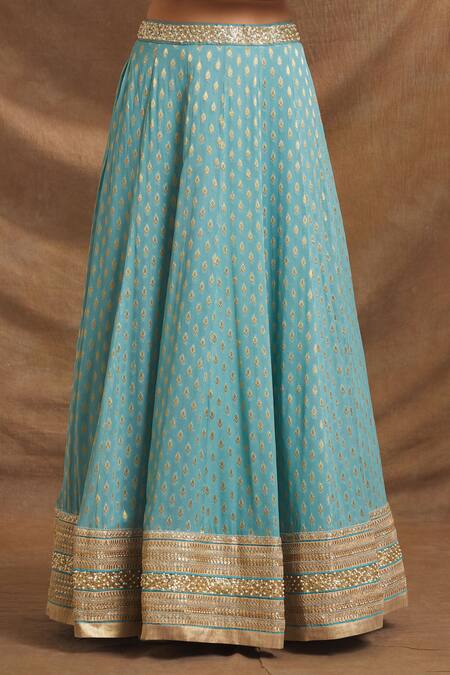 Shop_Priti Sahni_Blue Georgette, Net Zari, Mirrors, Pearls, Embroidery Blouse Lehenga Set _Online_at_Aza_Fashions