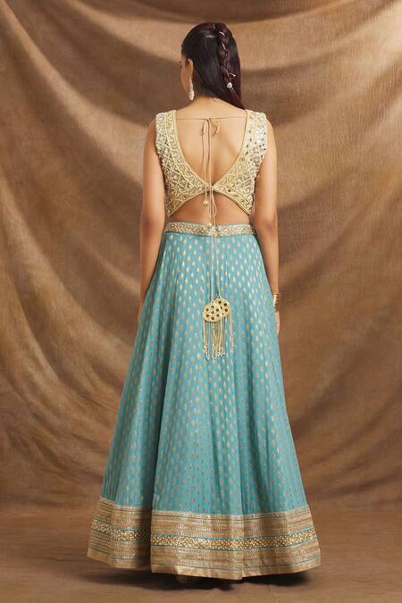 Priti Sahni_Blue Georgette, Net Zari, Mirrors, Pearls, Embroidery Blouse Lehenga Set _Online_at_Aza_Fashions