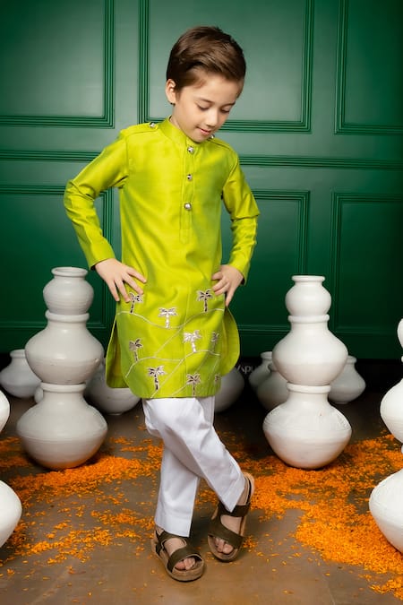 Shop_Hoity Moppet_Green Silk, Cotton Embroidery Bahaar Kurta With Pant _Online_at_Aza_Fashions