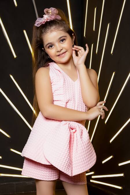 Hoity Moppet_Pink Cotton Candy Textured Peplum Top With Shorts _Online_at_Aza_Fashions