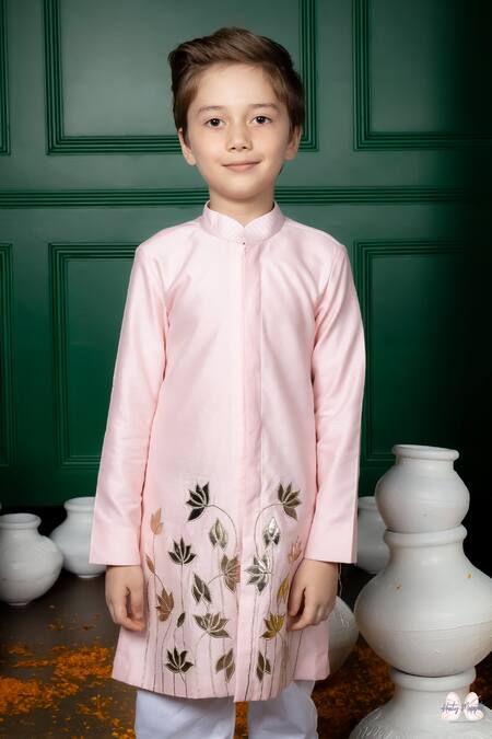 Hoity Moppet_Pink Silk Embroidery Kamal Applique Kurta With Pant _Online_at_Aza_Fashions