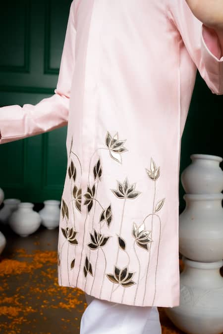 Buy_Hoity Moppet_Pink Silk Embroidery Kamal Applique Kurta With Pant _Online_at_Aza_Fashions