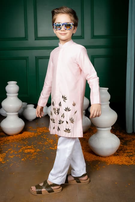 Shop_Hoity Moppet_Pink Silk Embroidery Kamal Applique Kurta With Pant _Online_at_Aza_Fashions