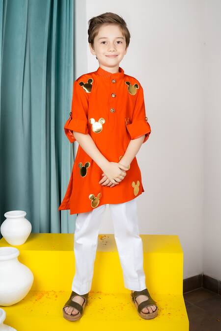 Hoity Moppet Red Silk Embroidery Magical Mickey Applique Kurta With Pant Online at Aza Fashions Hoity Moppet_Red Silk Embroidery Magical Mickey Applique Kurta With Pant _Online_at_Aza_Fashions