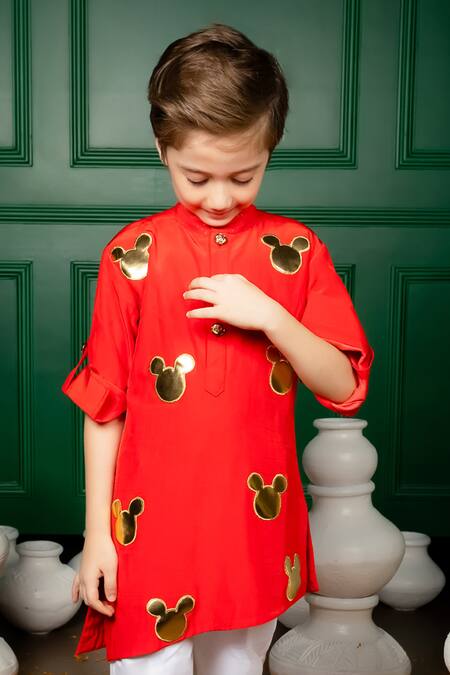 Buy Hoity Moppet Red Silk Embroidery Magical Mickey Applique Kurta With Pant Online at Aza Fashions Buy_Hoity Moppet_Red Silk Embroidery Magical Mickey Applique Kurta With Pant _Online_at_Aza_Fashions