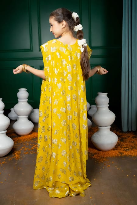 Shop Hoity Moppet Yellow Georgette Sequins, Zari Nargis Floral Pattern Cape Palazzo Set at Aza Fashions Shop_Hoity Moppet_Yellow Georgette Sequins, Zari Nargis Floral Pattern Cape Palazzo Set _at_Aza_Fashions