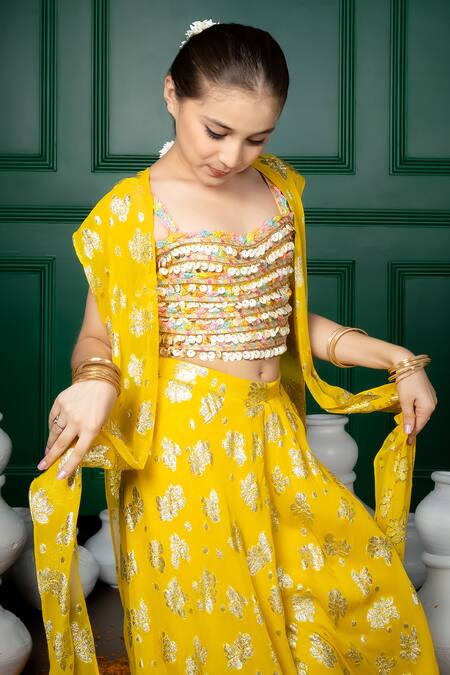 Shop Hoity Moppet Yellow Georgette Sequins, Zari Nargis Floral Pattern Cape Palazzo Set Online at Aza Fashions Shop_Hoity Moppet_Yellow Georgette Sequins, Zari Nargis Floral Pattern Cape Palazzo Set _Online_at_Aza_Fashions
