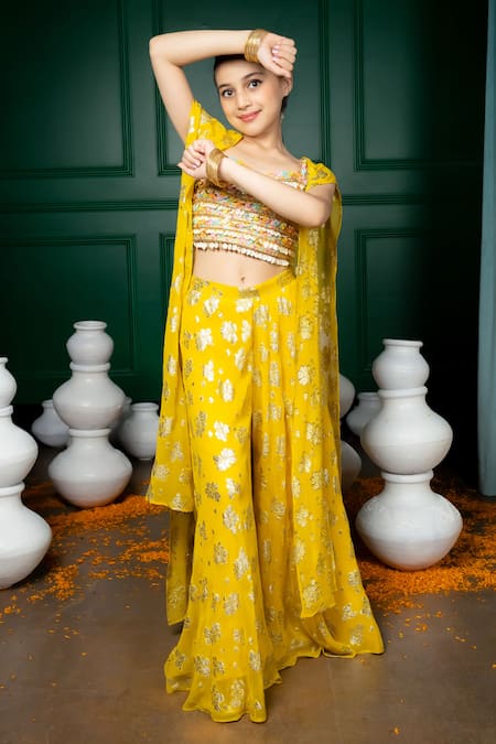 Hoity Moppet Yellow Georgette Sequins, Zari Nargis Floral Pattern Cape Palazzo Set at Aza Fashions Hoity Moppet_Yellow Georgette Sequins, Zari Nargis Floral Pattern Cape Palazzo Set _at_Aza_Fashions