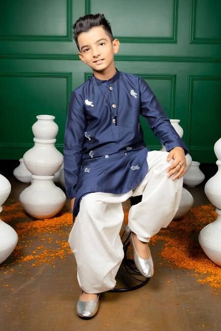 Buy_Hoity Moppet_Blue Silk Applique Panchi Kurta With Pant_Online_at_Aza_Fashions