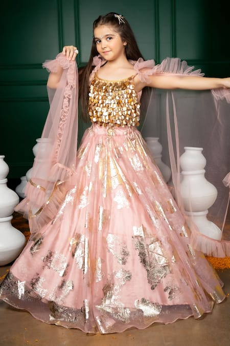 Hoity Moppet_Pink Organza Foil Printing, Sequins Rosebagh Pattern Lehenga Set _Online_at_Aza_Fashions