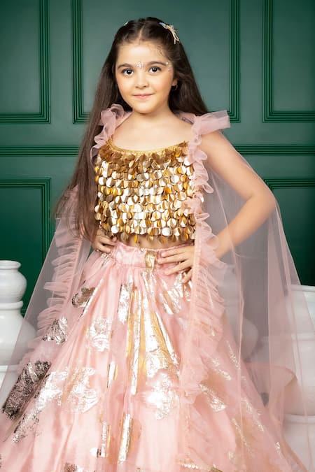 Buy_Hoity Moppet_Pink Organza Foil Printing, Sequins Rosebagh Pattern Lehenga Set _Online_at_Aza_Fashions