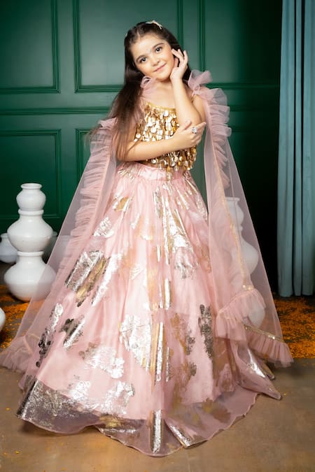 Shop_Hoity Moppet_Pink Organza Foil Printing, Sequins Rosebagh Pattern Lehenga Set _Online_at_Aza_Fashions