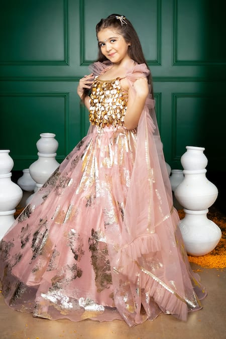 Hoity Moppet_Pink Organza Foil Printing, Sequins Rosebagh Pattern Lehenga Set _at_Aza_Fashions