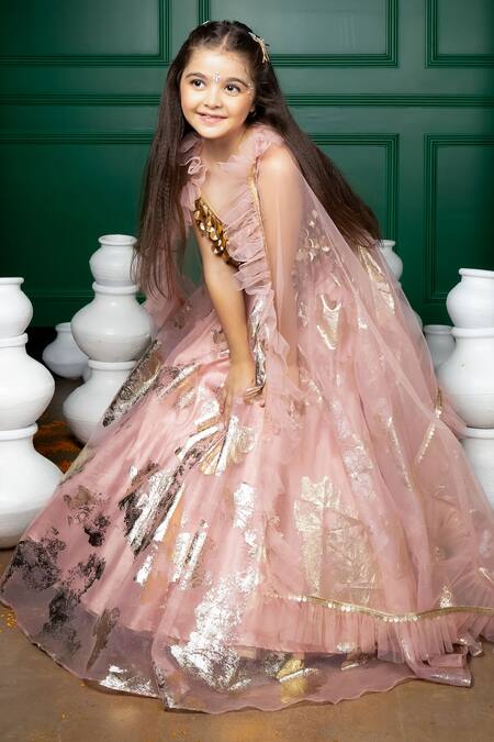 Buy_Hoity Moppet_Pink Organza Foil Printing, Sequins Rosebagh Pattern Lehenga Set 