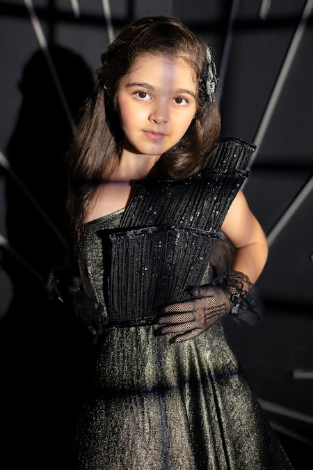 Hoity Moppet_Black Crepe Sequins Runway Hit Textured Metallic Gown _Online_at_Aza_Fashions