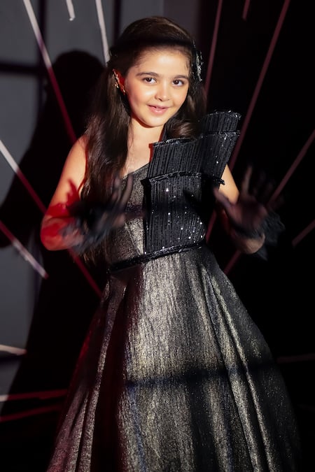 Shop_Hoity Moppet_Black Crepe Sequins Runway Hit Textured Metallic Gown _Online_at_Aza_Fashions