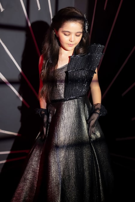 Hoity Moppet_Black Crepe Sequins Runway Hit Textured Metallic Gown _at_Aza_Fashions