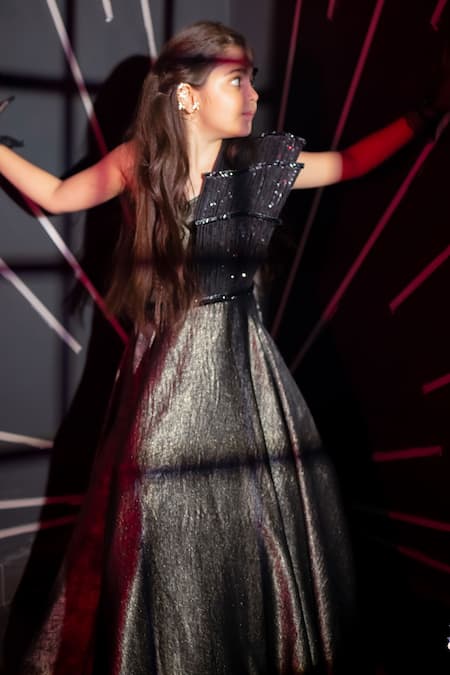 Shop_Hoity Moppet_Black Crepe Sequins Runway Hit Textured Metallic Gown 