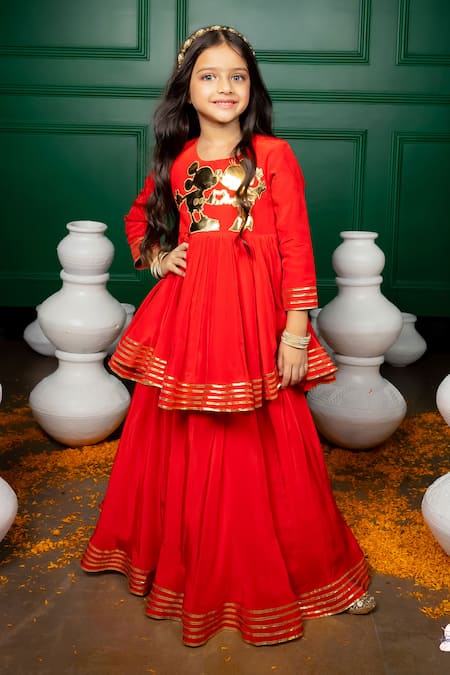 Hoity Moppet Red Gota Patti, Applique Totally Minnie Peplum Blouse With Lehenga 