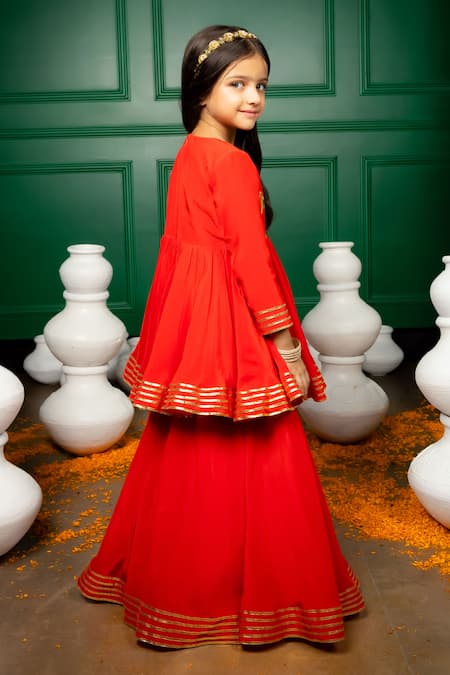 Shop Hoity Moppet Red Gota Patti, Applique Totally Minnie Peplum Blouse With Lehenga at Aza Fashions Shop_Hoity Moppet_Red Gota Patti, Applique Totally Minnie Peplum Blouse With Lehenga _at_Aza_Fashions