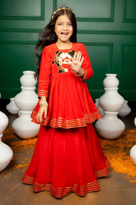 Shop Hoity Moppet Red Gota Patti, Applique Totally Minnie Peplum Blouse With Lehenga Online at Aza Fashions Shop_Hoity Moppet_Red Gota Patti, Applique Totally Minnie Peplum Blouse With Lehenga _Online_at_Aza_Fashions