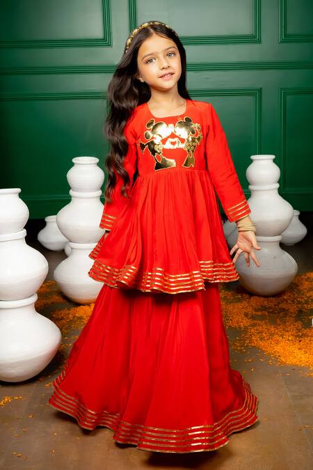 Hoity Moppet Red Gota Patti, Applique Totally Minnie Peplum Blouse With Lehenga at Aza Fashions Hoity Moppet_Red Gota Patti, Applique Totally Minnie Peplum Blouse With Lehenga _at_Aza_Fashions