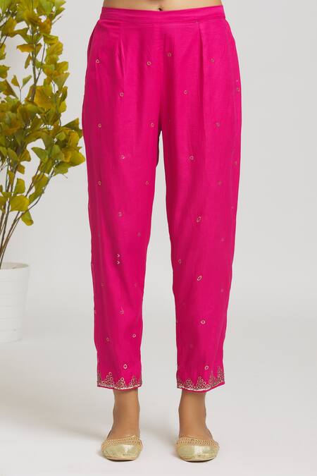 Naintara Bajaj_Pink Chanderi, Cotton Mirrors Round Neck Mukaish Embroidered Tunic With Pant _at_Aza_Fashions