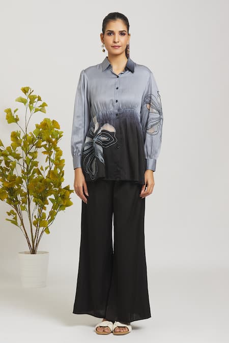 Naintara Bajaj Grey Satin, Embroidery Shawl Neck Applique Shirt With Pant Online at Aza Fashions Naintara Bajaj_Grey Satin, Embroidery Shawl Neck Applique Shirt With Pant _Online_at_Aza_Fashions