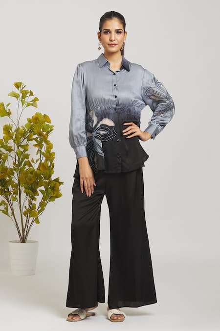 Buy Naintara Bajaj Grey Satin, Embroidery Shawl Neck Applique Shirt With Pant Online at Aza Fashions Buy_Naintara Bajaj_Grey Satin, Embroidery Shawl Neck Applique Shirt With Pant _Online_at_Aza_Fashions