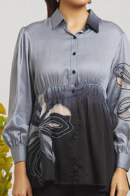 Shop Naintara Bajaj Grey Satin, Embroidery Shawl Neck Applique Shirt With Pant Online at Aza Fashions Shop_Naintara Bajaj_Grey Satin, Embroidery Shawl Neck Applique Shirt With Pant _Online_at_Aza_Fashions