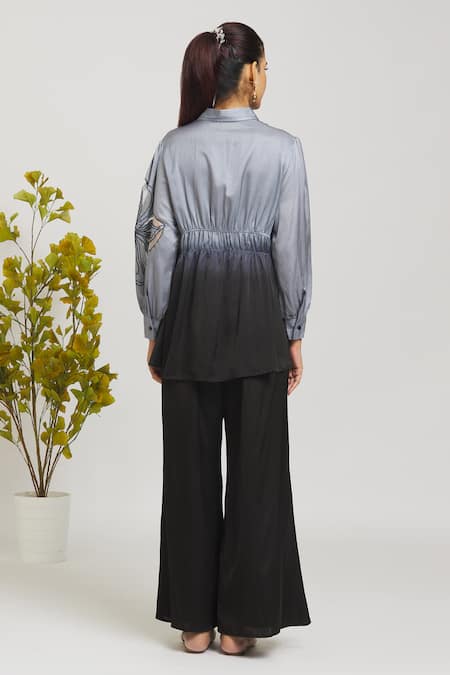 Shop Naintara Bajaj Grey Satin, Embroidery Shawl Neck Applique Shirt With Pant at Aza Fashions Shop_Naintara Bajaj_Grey Satin, Embroidery Shawl Neck Applique Shirt With Pant _at_Aza_Fashions