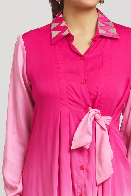Naintara Bajaj_Pink Cotton Gota Patti, Embroidery Shawl Neck Ombre Side Tie Shirt With Pant _Online_at_Aza_Fashions