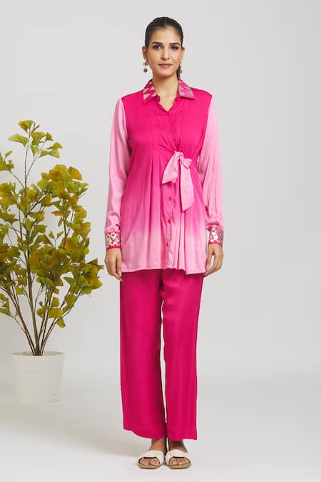 Shop_Naintara Bajaj_Pink Cotton Gota Patti, Embroidery Shawl Neck Ombre Side Tie Shirt With Pant _Online_at_Aza_Fashions