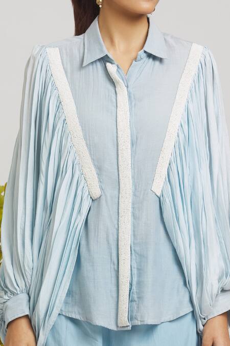 Buy Naintara Bajaj Blue Chanderi, Cotton Pearls Shawl Neck Placement Embroidered Shirt With Pant Online at Aza Fashions Buy_Naintara Bajaj_Blue Chanderi, Cotton Pearls Shawl Neck Placement Embroidered Shirt With Pant _Online_at_Aza_Fashions