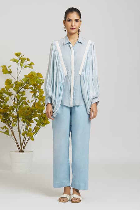 Shop Naintara Bajaj Blue Chanderi, Cotton Pearls Shawl Neck Placement Embroidered Shirt With Pant Online at Aza Fashions Shop_Naintara Bajaj_Blue Chanderi, Cotton Pearls Shawl Neck Placement Embroidered Shirt With Pant _Online_at_Aza_Fashions
