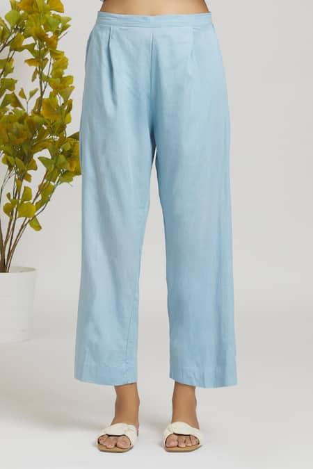 Naintara Bajaj Blue Chanderi, Cotton Pearls Shawl Neck Placement Embroidered Shirt With Pant at Aza Fashions Naintara Bajaj_Blue Chanderi, Cotton Pearls Shawl Neck Placement Embroidered Shirt With Pant _at_Aza_Fashions