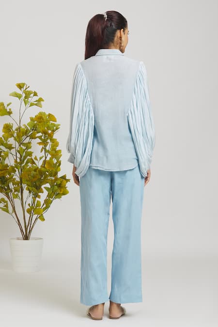 Shop Naintara Bajaj Blue Chanderi, Cotton Pearls Shawl Neck Placement Embroidered Shirt With Pant at Aza Fashions Shop_Naintara Bajaj_Blue Chanderi, Cotton Pearls Shawl Neck Placement Embroidered Shirt With Pant _at_Aza_Fashions