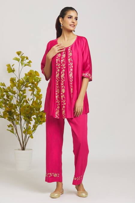 Buy_Samyukta Singhania_Pink Chanderi, Cotton Sequins, Aari Placement Embroidery Tunic With Pant _Online_at_Aza_Fashions