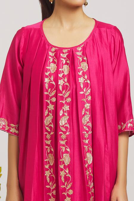 Shop_Samyukta Singhania_Pink Chanderi, Cotton Sequins, Aari Placement Embroidery Tunic With Pant _Online_at_Aza_Fashions